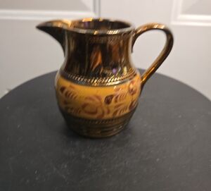 Antique Copper Luster Pottery Pitcher Flowers Beaded Piece